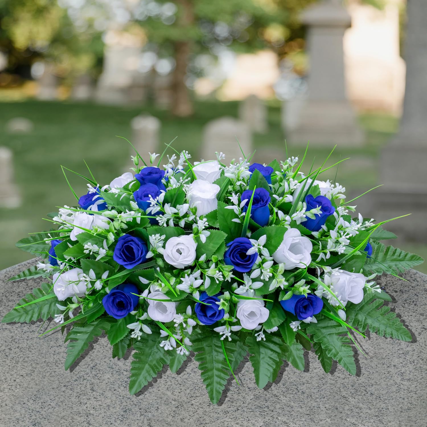 Artificial Cemetery Flowers Saddle-Shaped Tombstone Decorations Non-Fading UV-Resistant（Blue+White Saddle ）