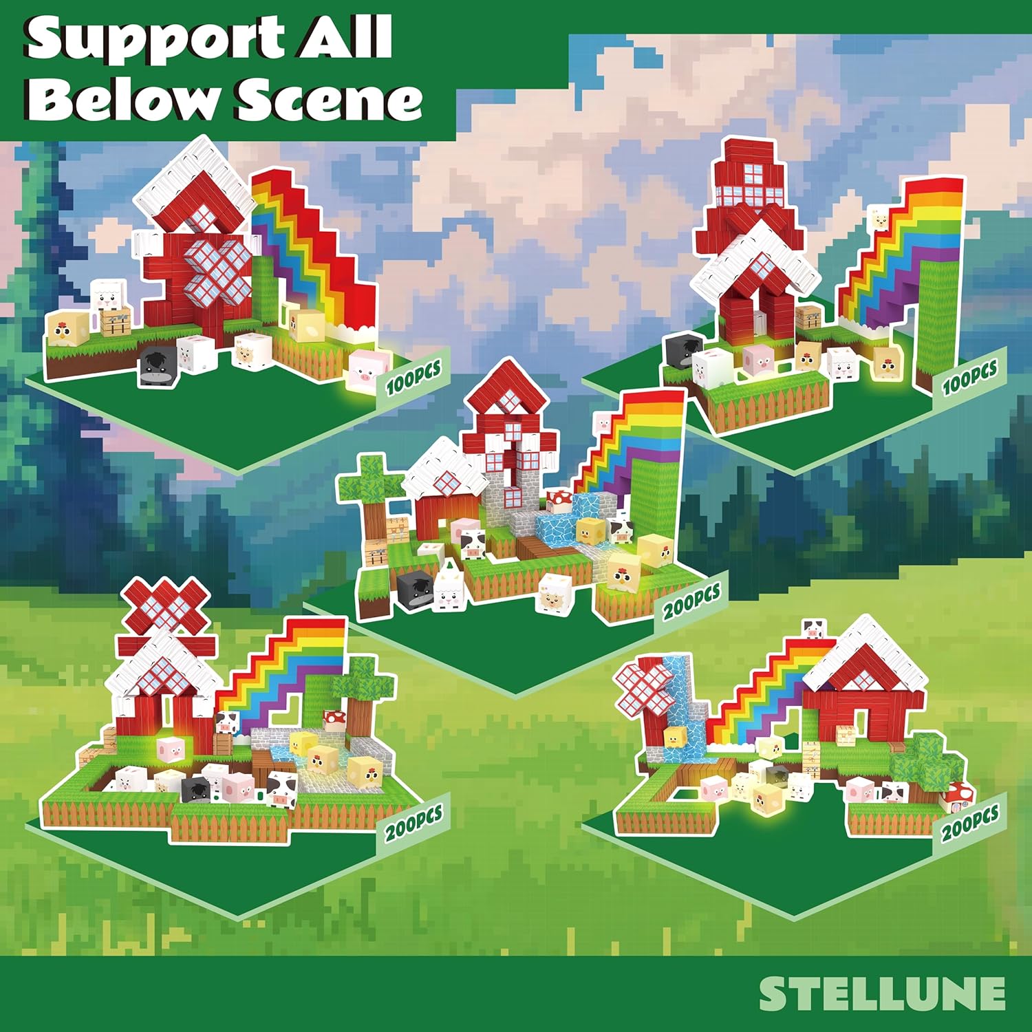 Magnetic Blocks 200PCS with 3 Light-Up Pieces, Rainbow Farm Pals Building Cube Set, STEM Educational Toys for Kids