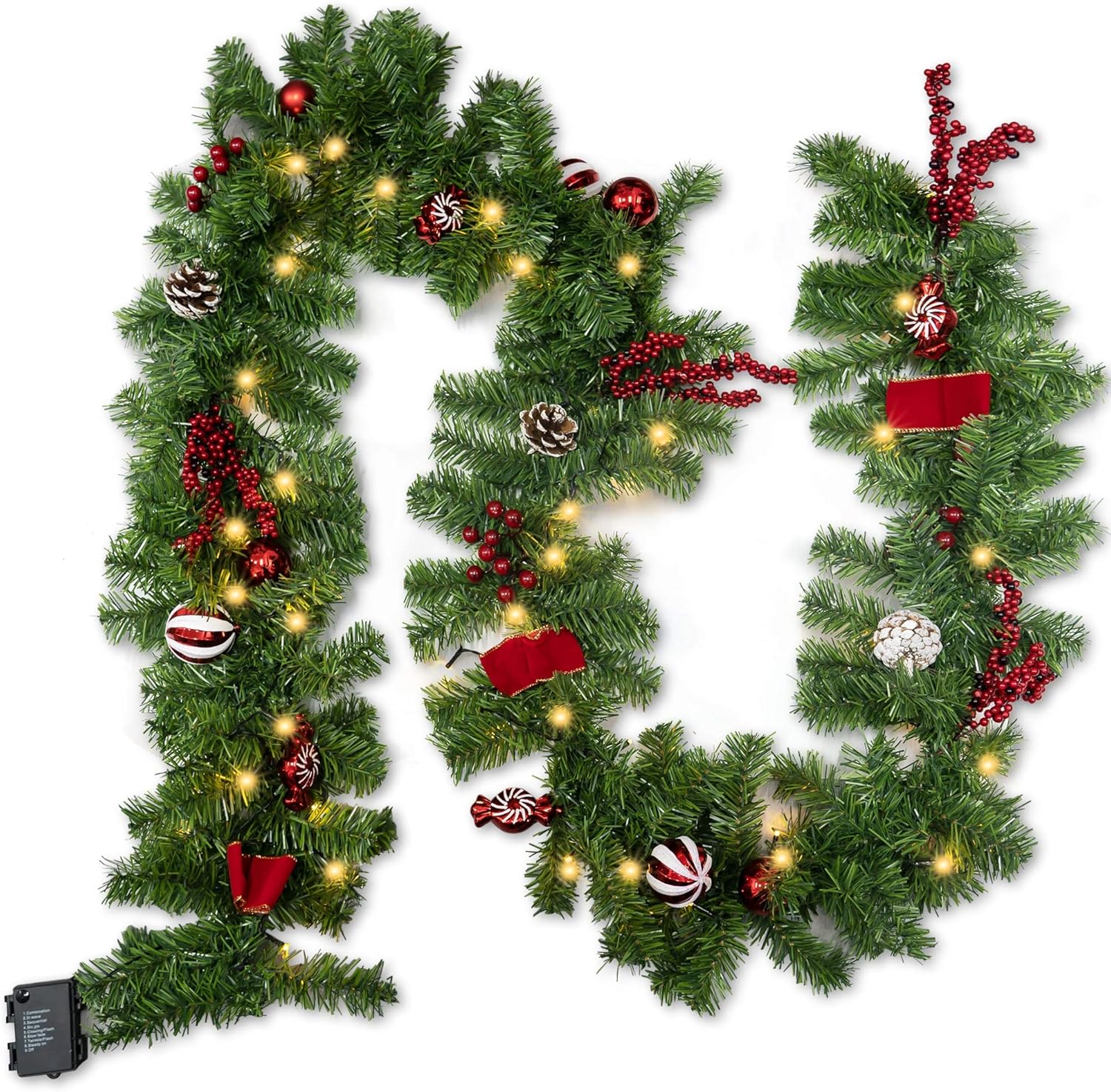 9 FT Artificial Christmas Garland, Pre-Lit 50 LED Battery Operated Lighted Xmas Garland with 8 Modes for Indoor