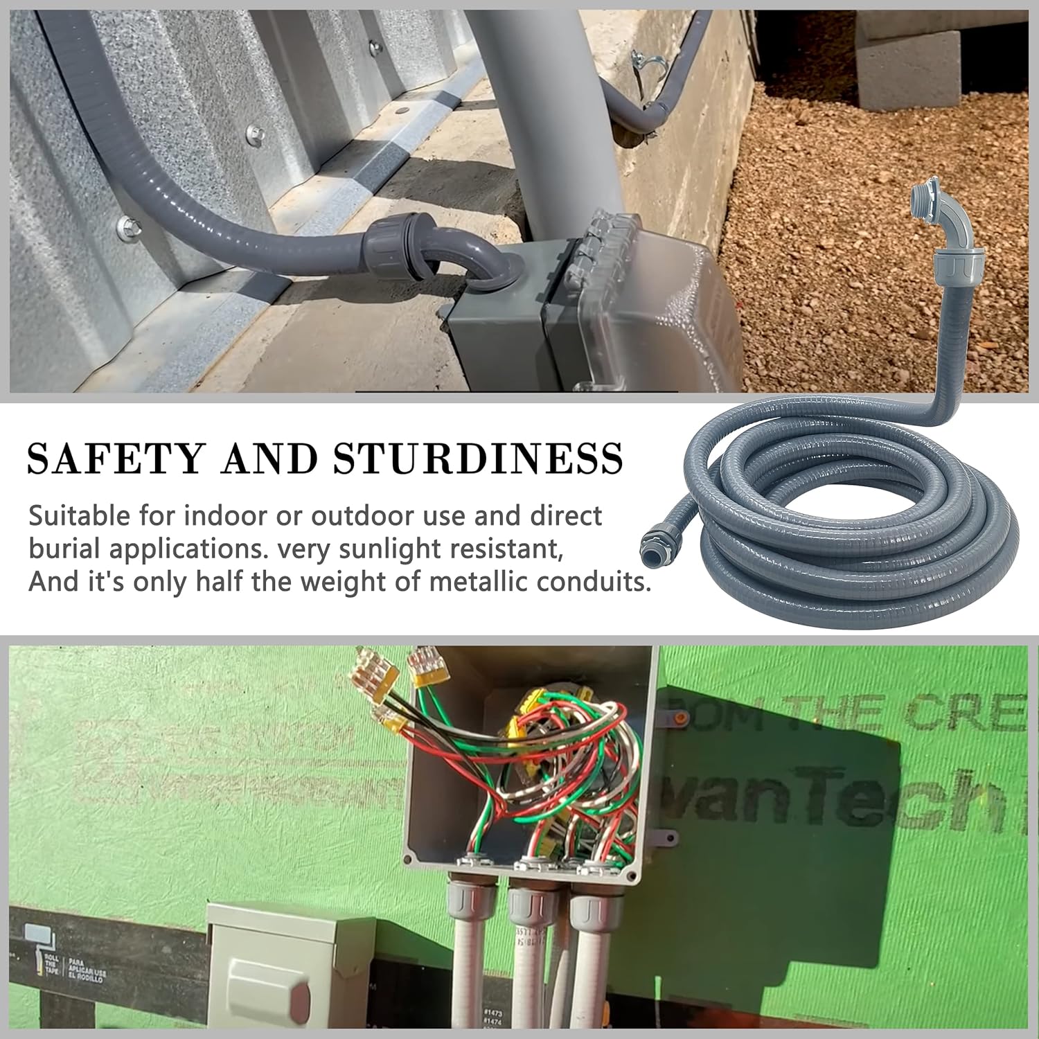 Liquid-Tight Conduit - 1/2inch 25 Foot Flexible Non Metallic Liquid Tight Electrical Conduit Kit, With 4 Straight and