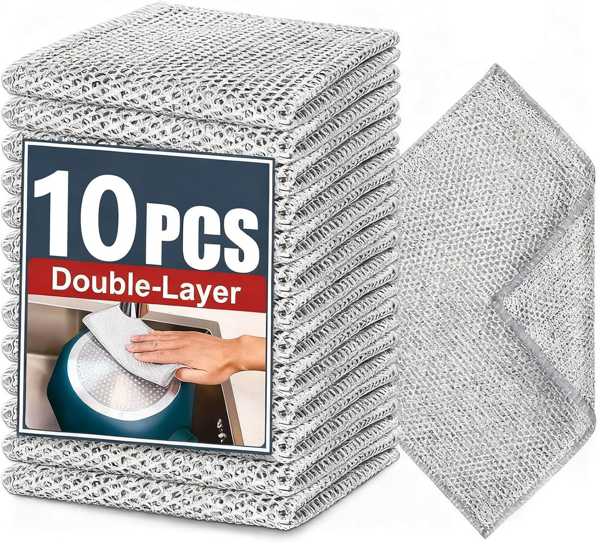 Double-Layer Steel Wire Cleaning Cloth - Non-Scratch Wire Dishcloth Rag Heavy Duty Scrub Pads Multi-Purpose Silver