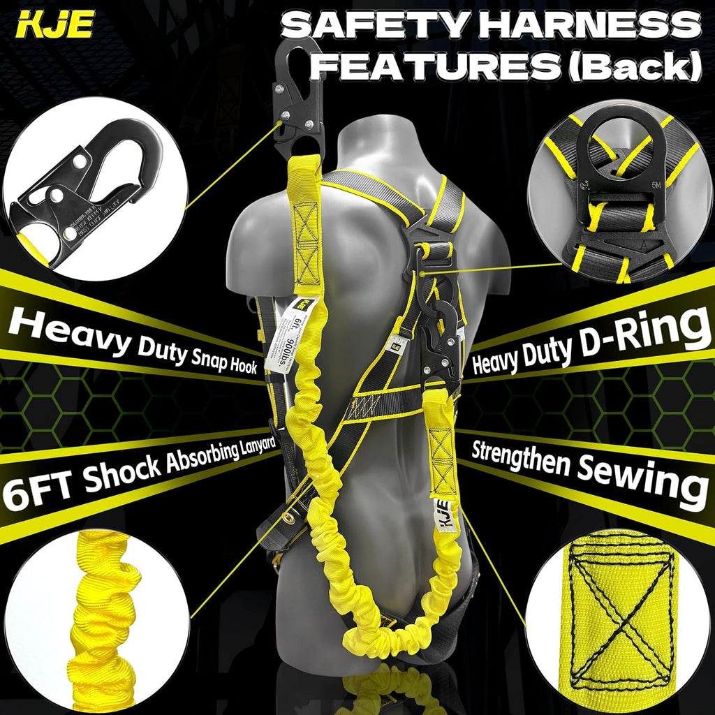 Safety Harness Fall Protection Kit - Construction Roof Full Body Harness w/Detachable 6FT Shock Absorbing Lanyard &