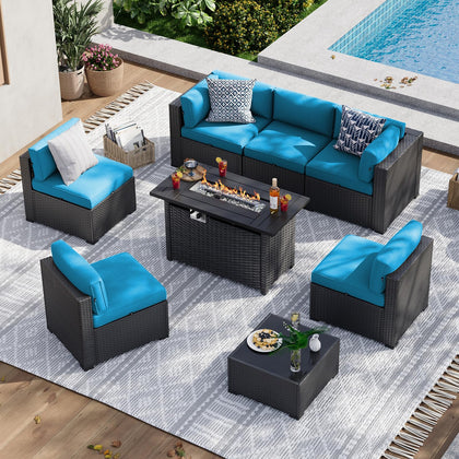8 Piece Patio Furniture Set with 44” Fire Pit Table, Wicker Rattan Patio Sectional Sofa, Outdoor Furniture Set with