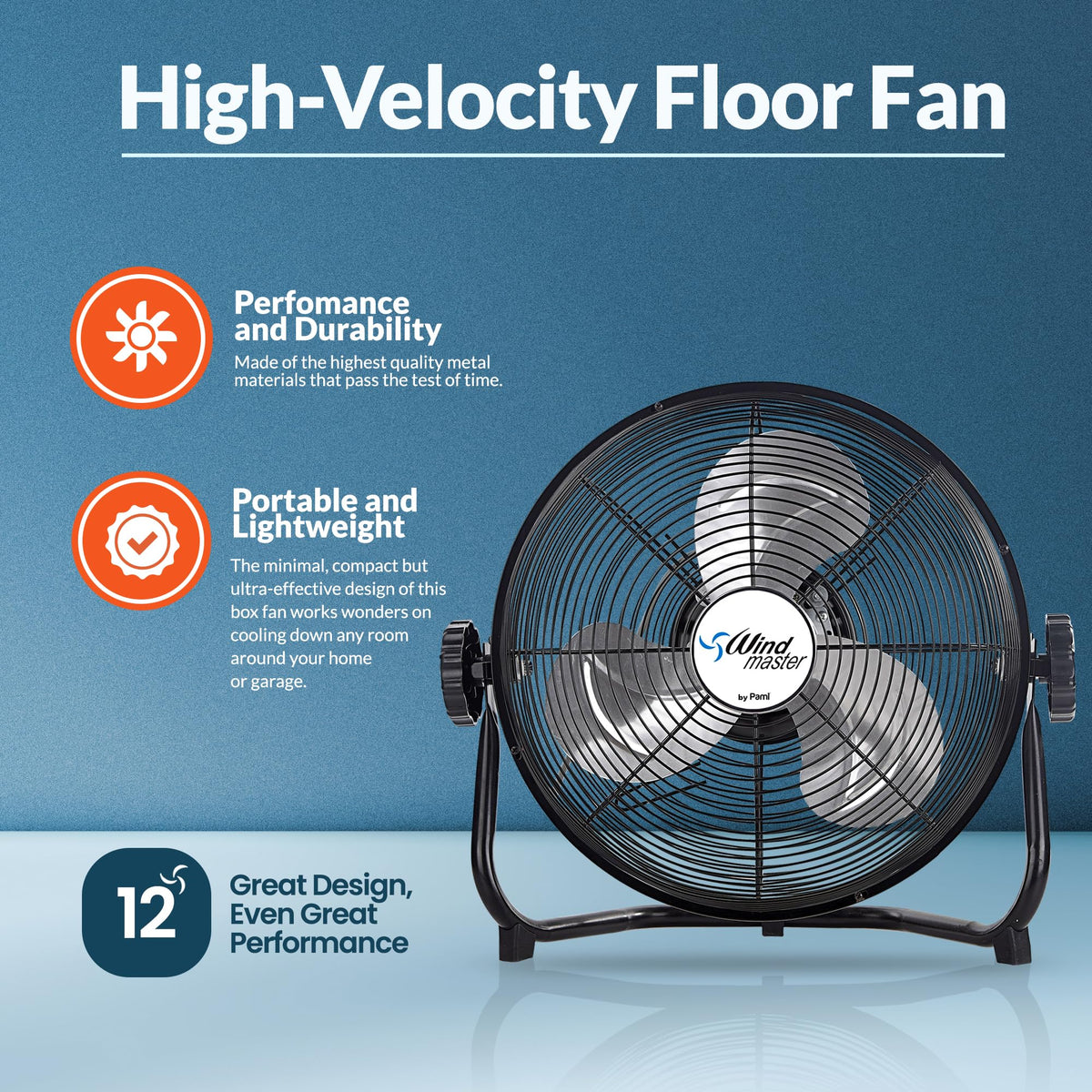 12 in High-Velocity Floor Fan,3 Speed,Adjustable Head,Metal,Heavy Duty
