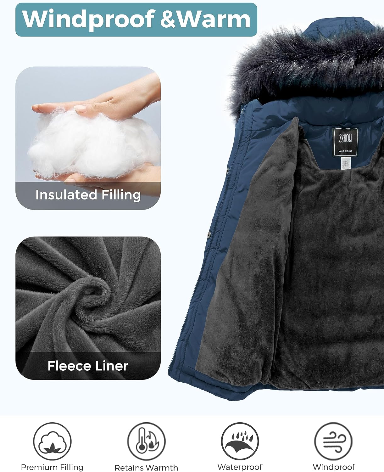 Girls' Puffer Jacket Soft Fleece Lined Warm Hooded Winter Coat | Waterproof 3000mm,Windproof,Removable Faux Fur