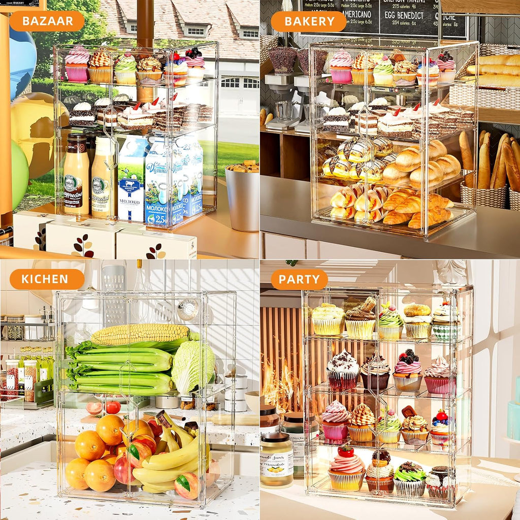 Acrylic Pastry Display Case 4 Tier Bread Box for Kitchen Countertop