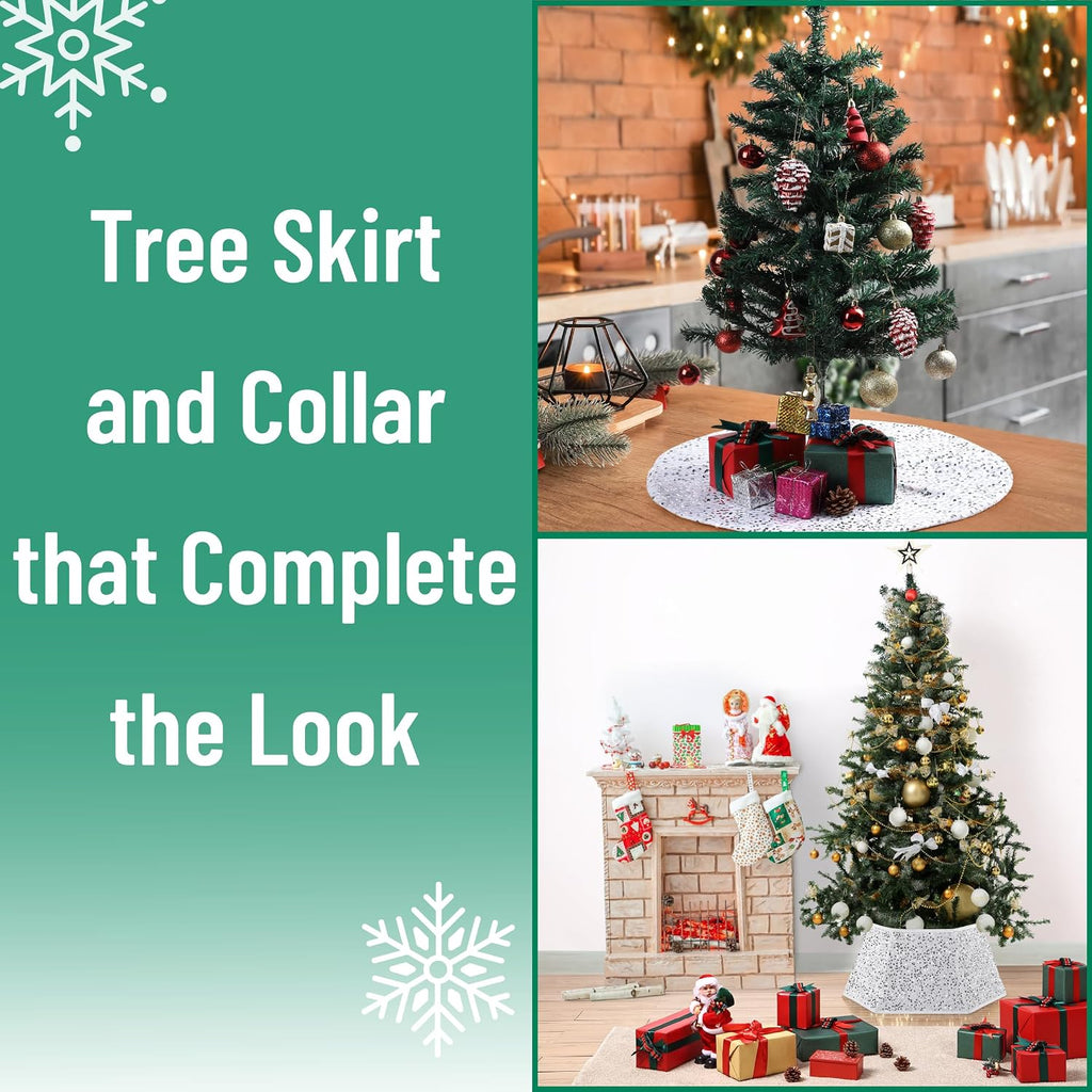 Silver Sequin Christmas Tree Skirt and Tree Collar | 24 Inch Base Cover, 24.8 Inch Foldable Sparkling Sequin Trees