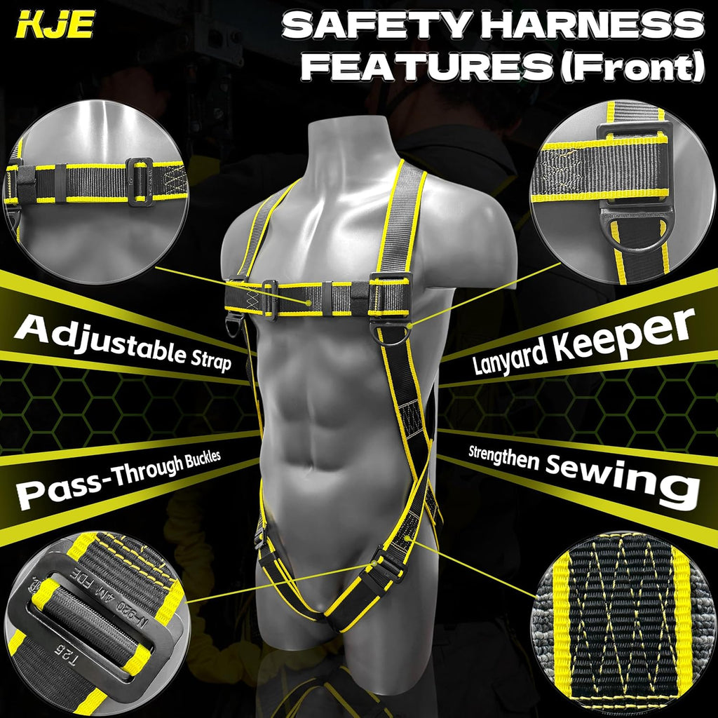 Safety Harness Fall Protection Kit - Construction Roof Full Body Harness With 6FT Shock Absorbing Lanyard & Snap