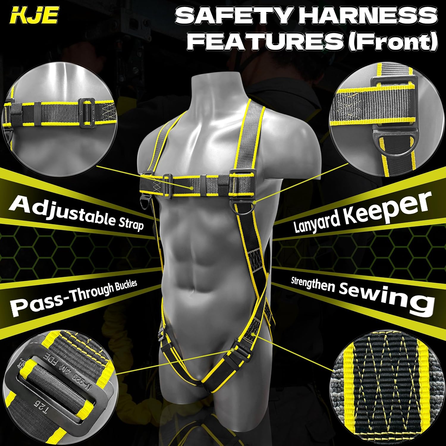 Safety Harness Fall Protection Kit - Construction Roof Full Body Harness With 6FT Shock Absorbing Lanyard & Snap