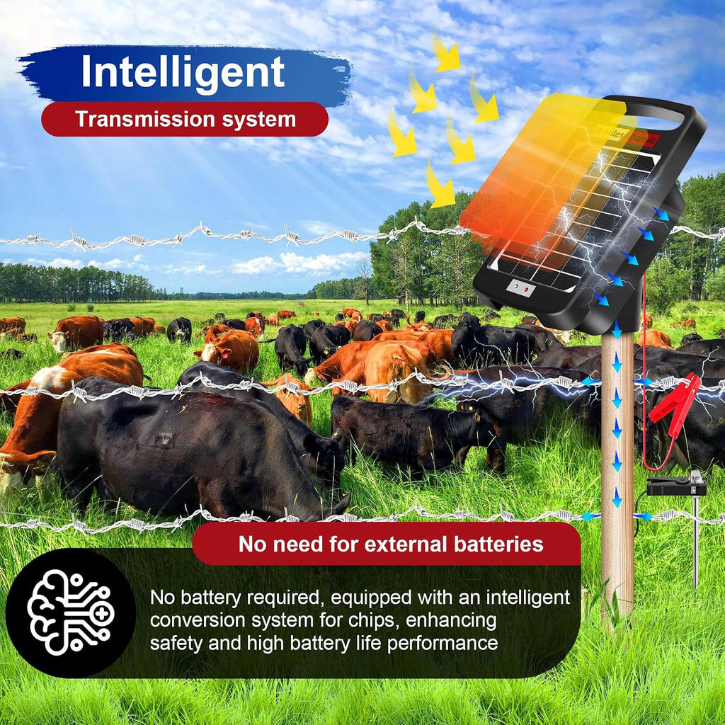 20 Miles Solar Powered Electric Fence Charger, 0.32J for Gardens, Livestock