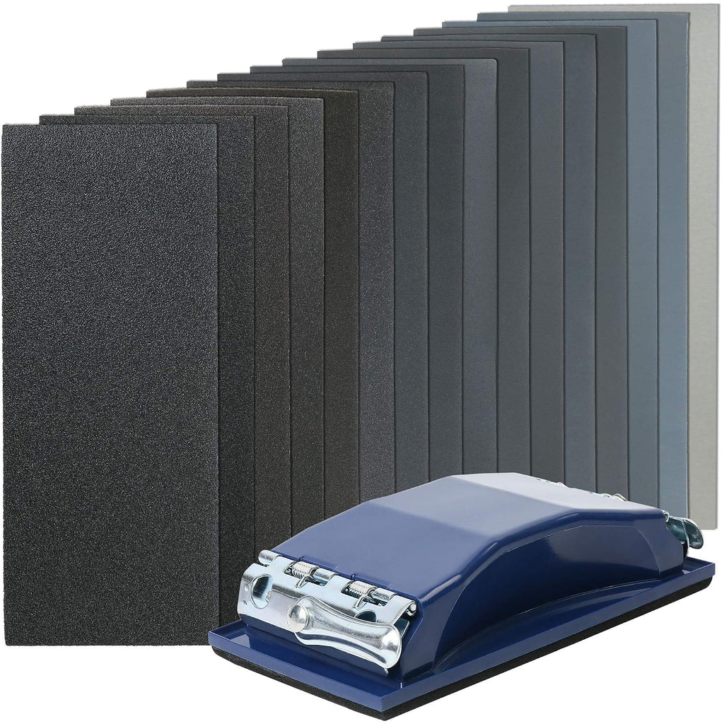 Sandpaper 60 to 5000 Grit, 108PCS, 9 x 3.6” Dry Wet Sand Paper with Sanding Block, Silicon Carbide Sanding Sheet
