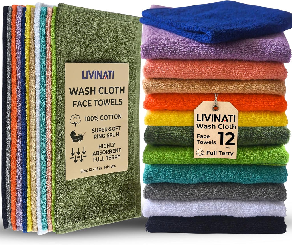 100% Cotton Wash Cloths for Showering Body and Face - 12"X12" Set of 12 Washcloths Variety Colors Pack - Small Terry