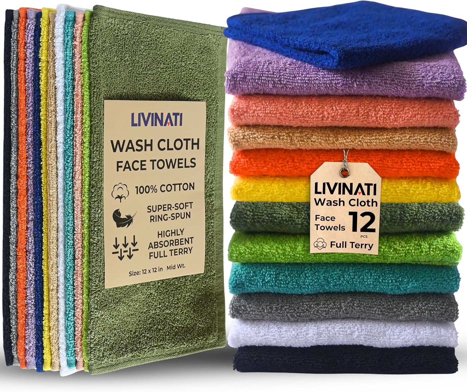 100% Cotton Wash Cloths for Showering Body and Face - 12"X12" Set of 12 Washcloths Variety Colors Pack - Small Terry