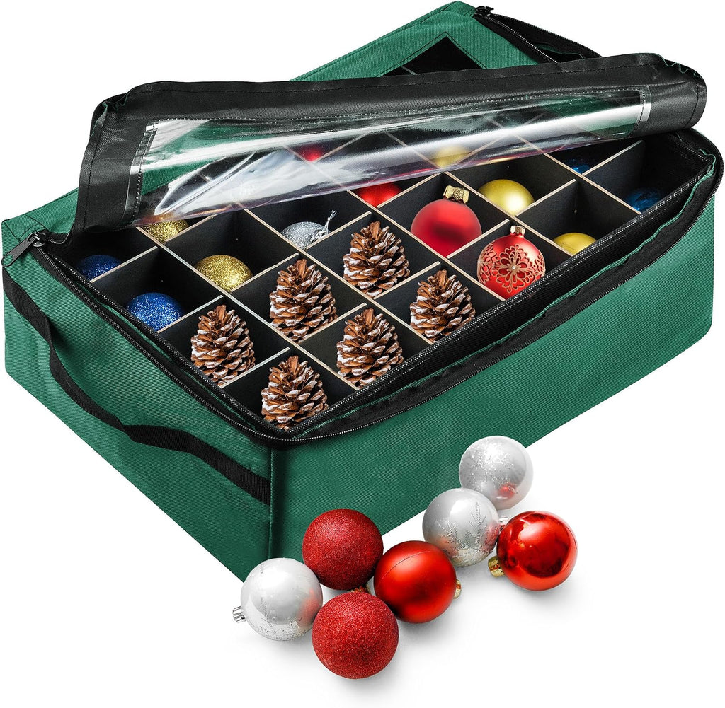 Ornament Storage Box - Zippered Organizer with 48 Individual Compartments and Dividers for Christmas Bulbs and