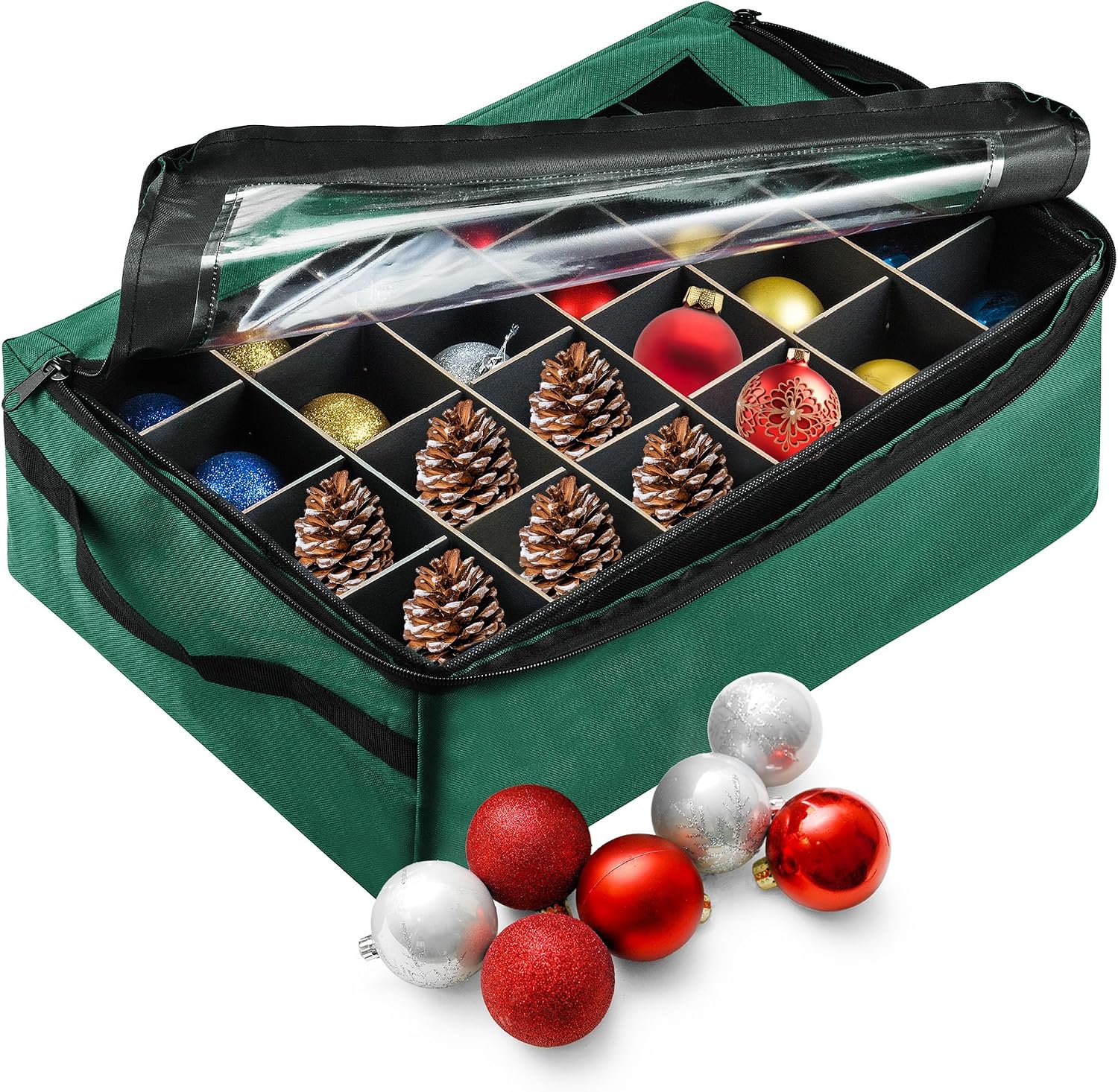 Ornament Storage Box - Zippered Organizer with 48 Individual Compartments and Dividers for Christmas Bulbs and