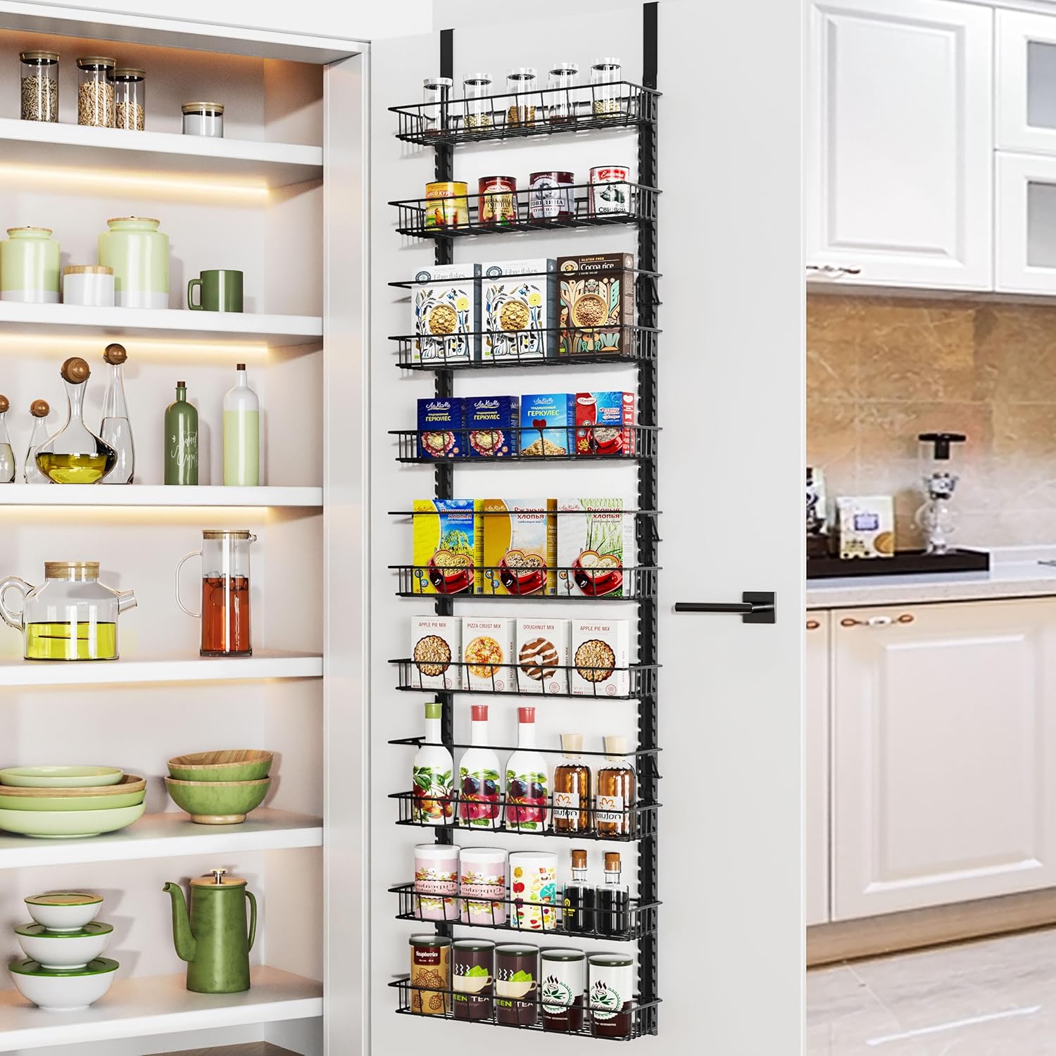 Over the Door Pantry Organizer Rack with 9 Adjustable Baskets, 9 Tiers Dual-use Hanging or Wall Mount Spice Rack
