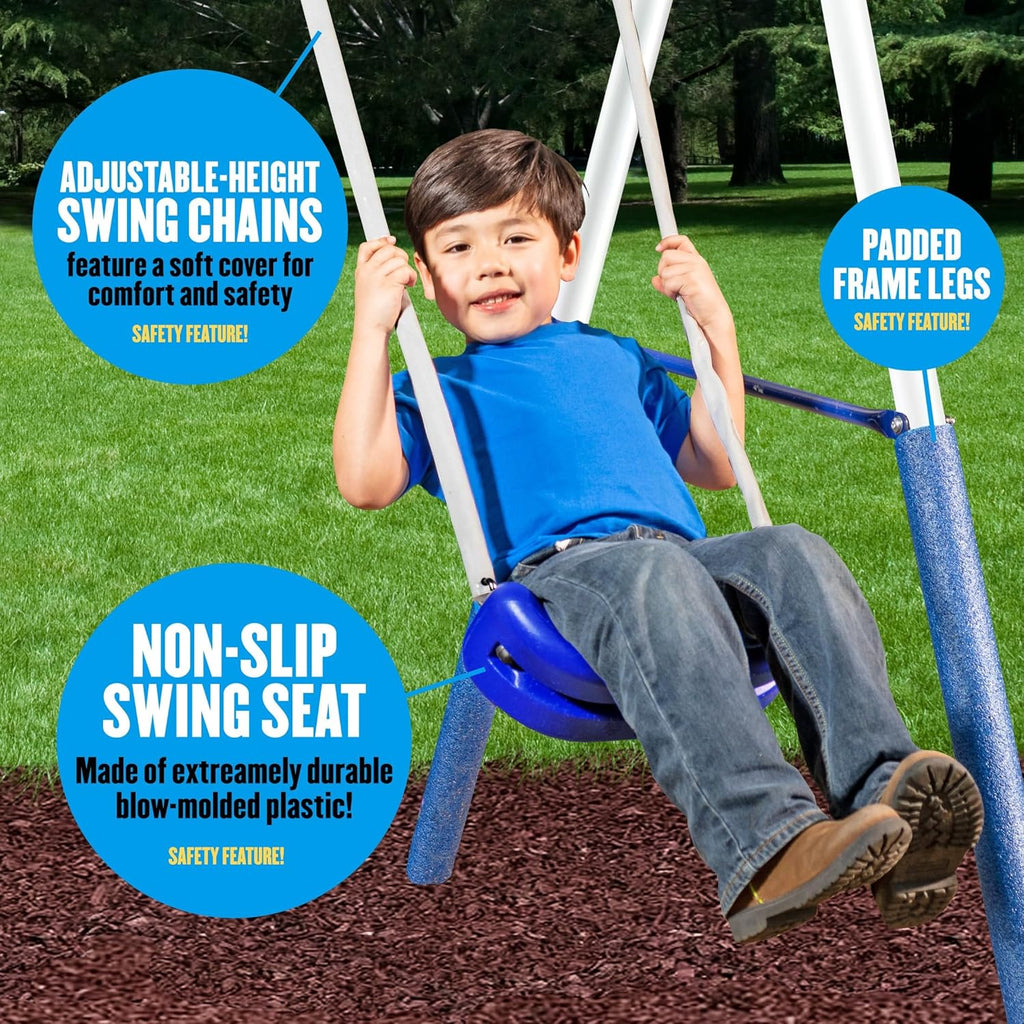 SuperDisc Swing Set with SuperDisc Swing. 5 User Capacity, Easy Assembly, Metal Frame Backyard Playground Set for