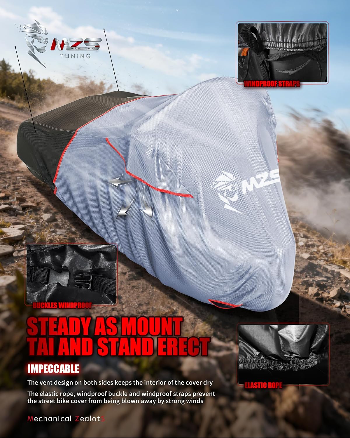Motorcycle Cover Waterproof Outdoor, Heavy Duty All Season Weather Sun Protection with Storage Bag Vents Night
