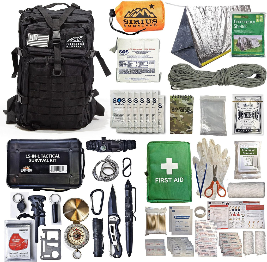 Sirius: Bug Out Bag Starter Kit - 72 Hour Kit for 1 Person – Backpack Survival Kit – 50L Tactical Backpack, US Made