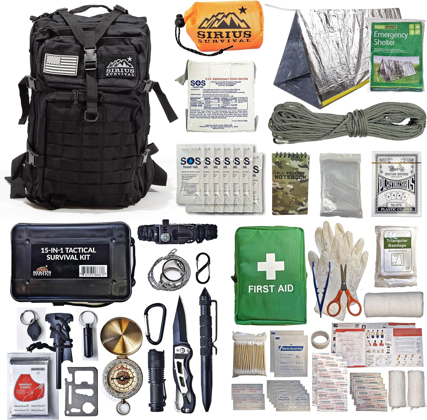 Sirius: Bug Out Bag Starter Kit - 72 Hour Kit for 1 Person – Backpack Survival Kit – 50L Tactical Backpack, US Made
