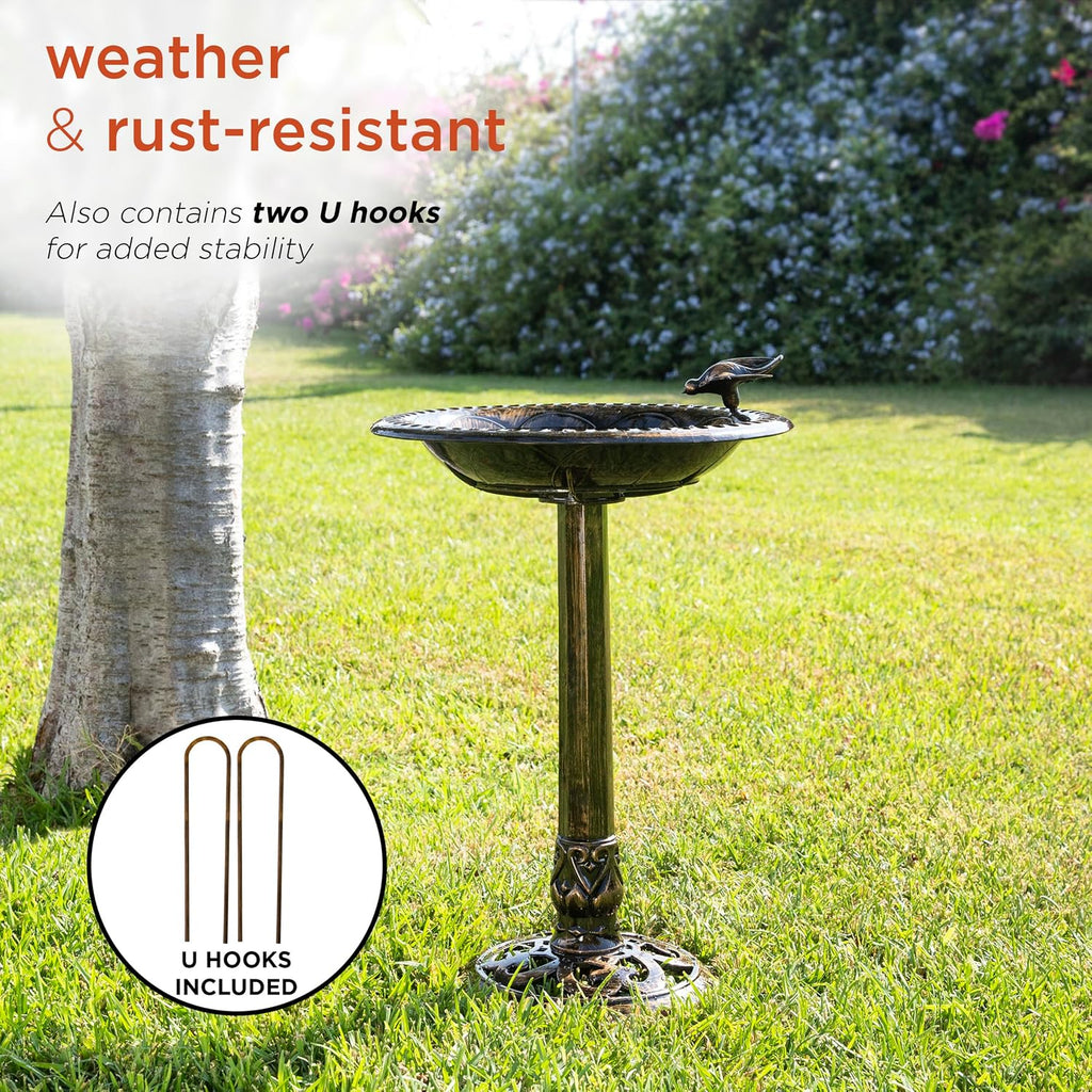 27" Tall Outdoor Antique Pedestal Birdbath with Bird Statue Decor, Durable Polypropylene Construction, Bronze