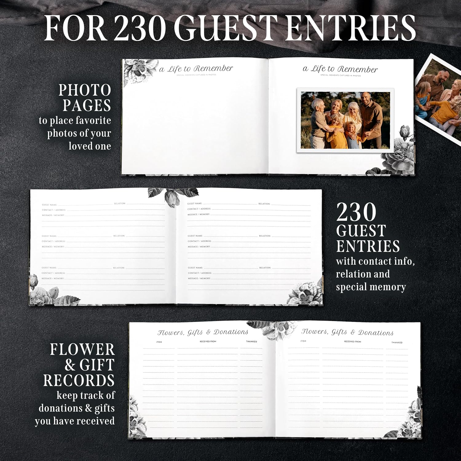 Elegant Black Floral Funeral Guest Book,"Celebration of Life" Gold Stamped Cover with Photo Slot,Includes Silver Pen