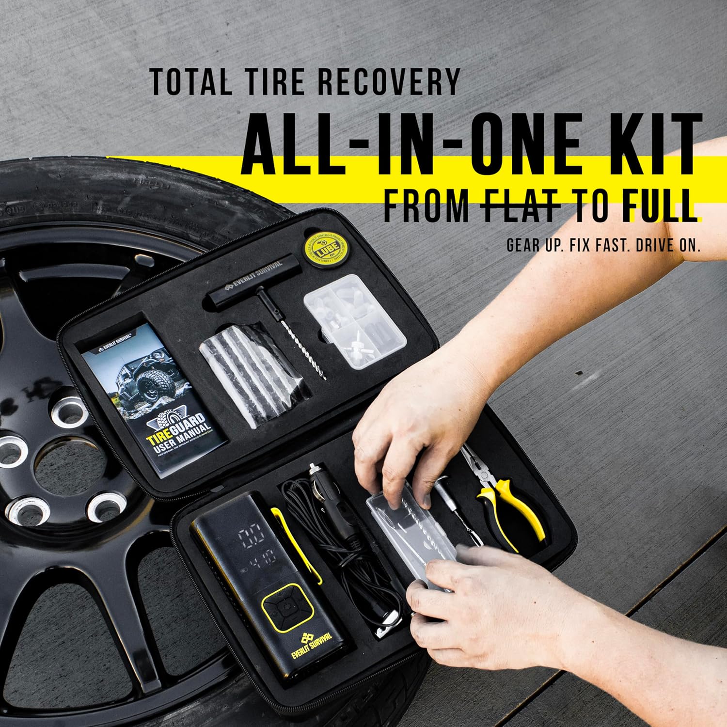 All-in-One Tire Repair Kit with Air Compressor – 150 PSI Portable Cordless Tire Inflator & Plug Kit – Flat Tire