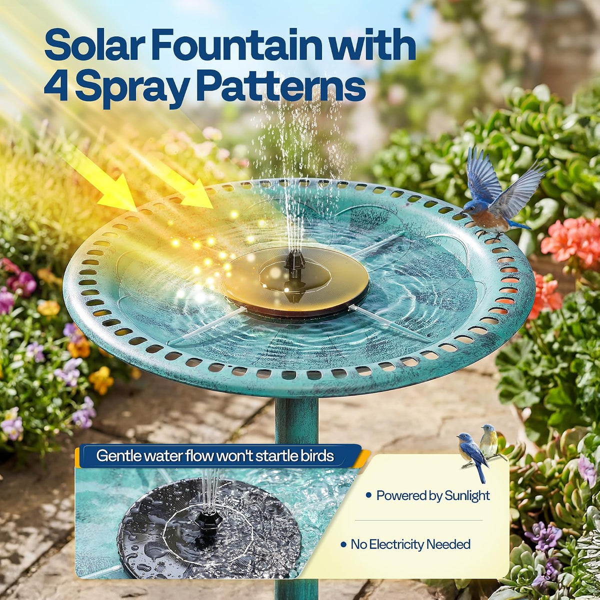 Bird Bath with Solar Fountain for Outside, Pedestal, Green