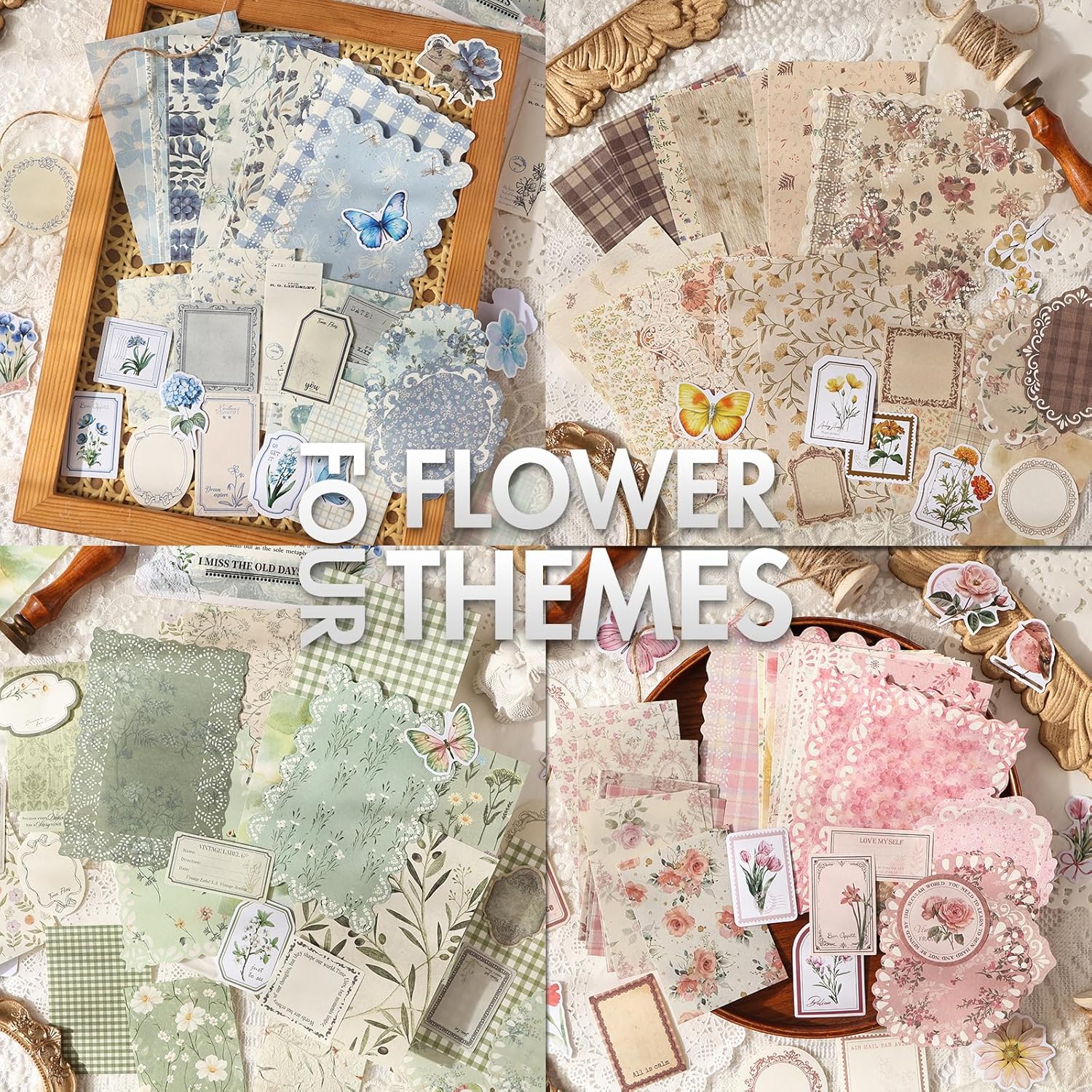 Scrapbook Supplies Kit – 400Pcs Vintage Floral Scrapbook Paper & Junk Journal Stickers, 4 Pack Journaling Supplies