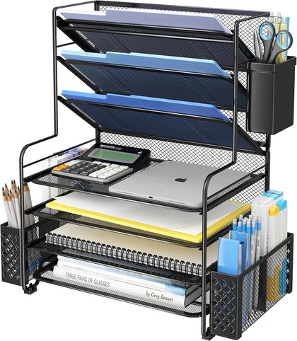 7 Tier Desk File Organizer, Letter Tray Paper Organizer with Pen Holder and Metal Hanging Basket, Black
