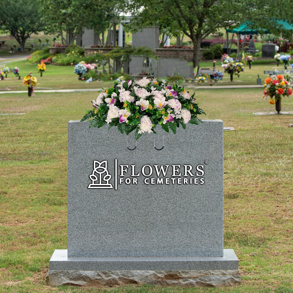 30" Headstone Flower Saddle Artificial Cemetery Flowers - Gravesite Flowers - White and Purple Carnations and