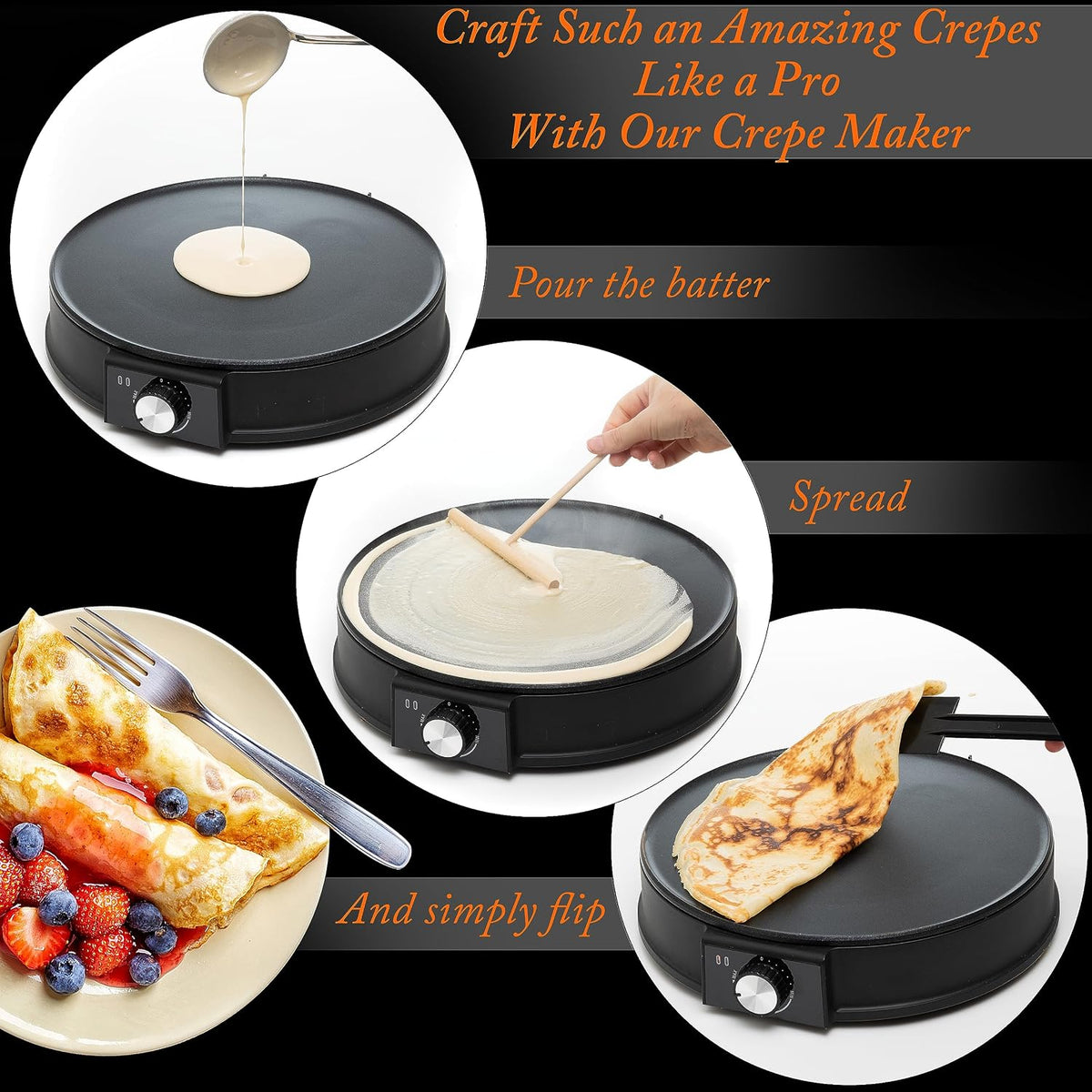 12” Electric Crepe Maker Machine, Griddle Nonstick Crepe Pan