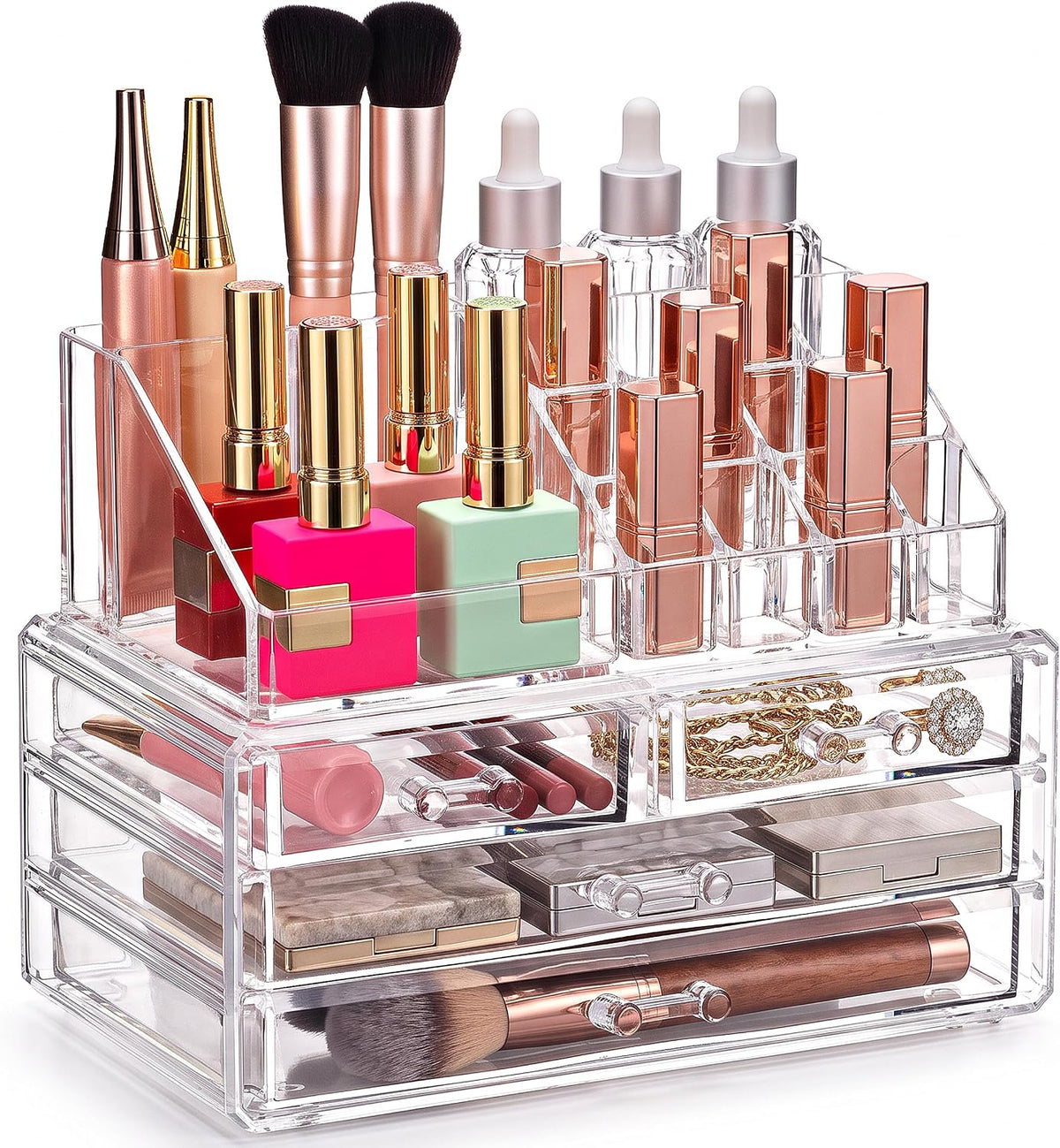 Clear Makeup Organizer with 4 Drawers 16 Compartments, Countertop