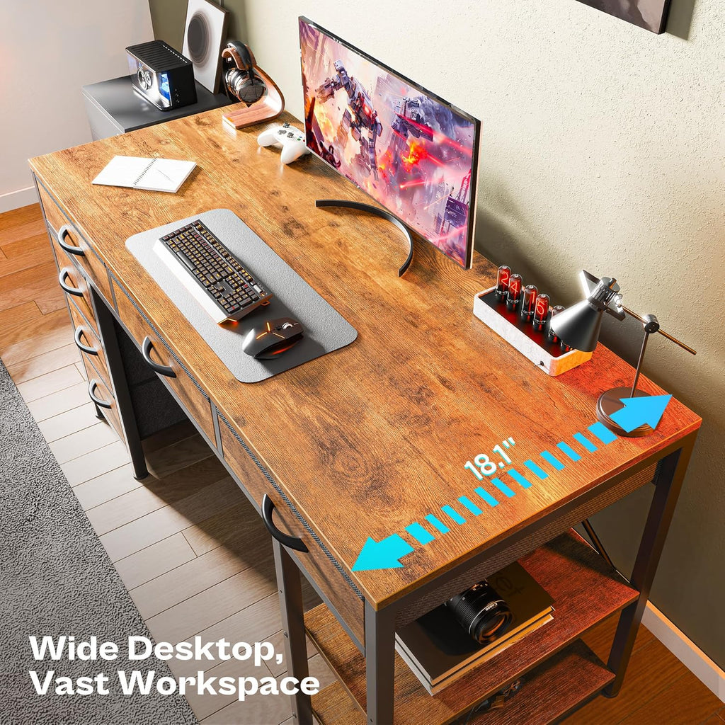 Computer Desk with 6 Drawers, Office Desk with Shelves, Reversible Gaming Desk, Corner Desk with Storage, Work for