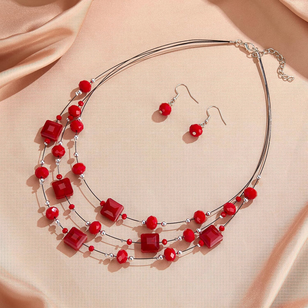Layered Silver Beaded Necklace for Women Square Crystal Beads Statement Collar Necklace and Earrings Fashion Costumes