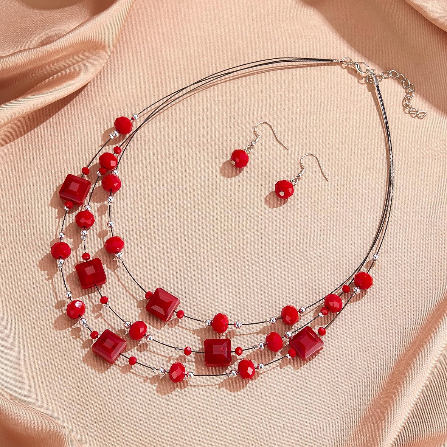 Layered Silver Beaded Necklace for Women Square Crystal Beads Statement Collar Necklace and Earrings Fashion Costumes