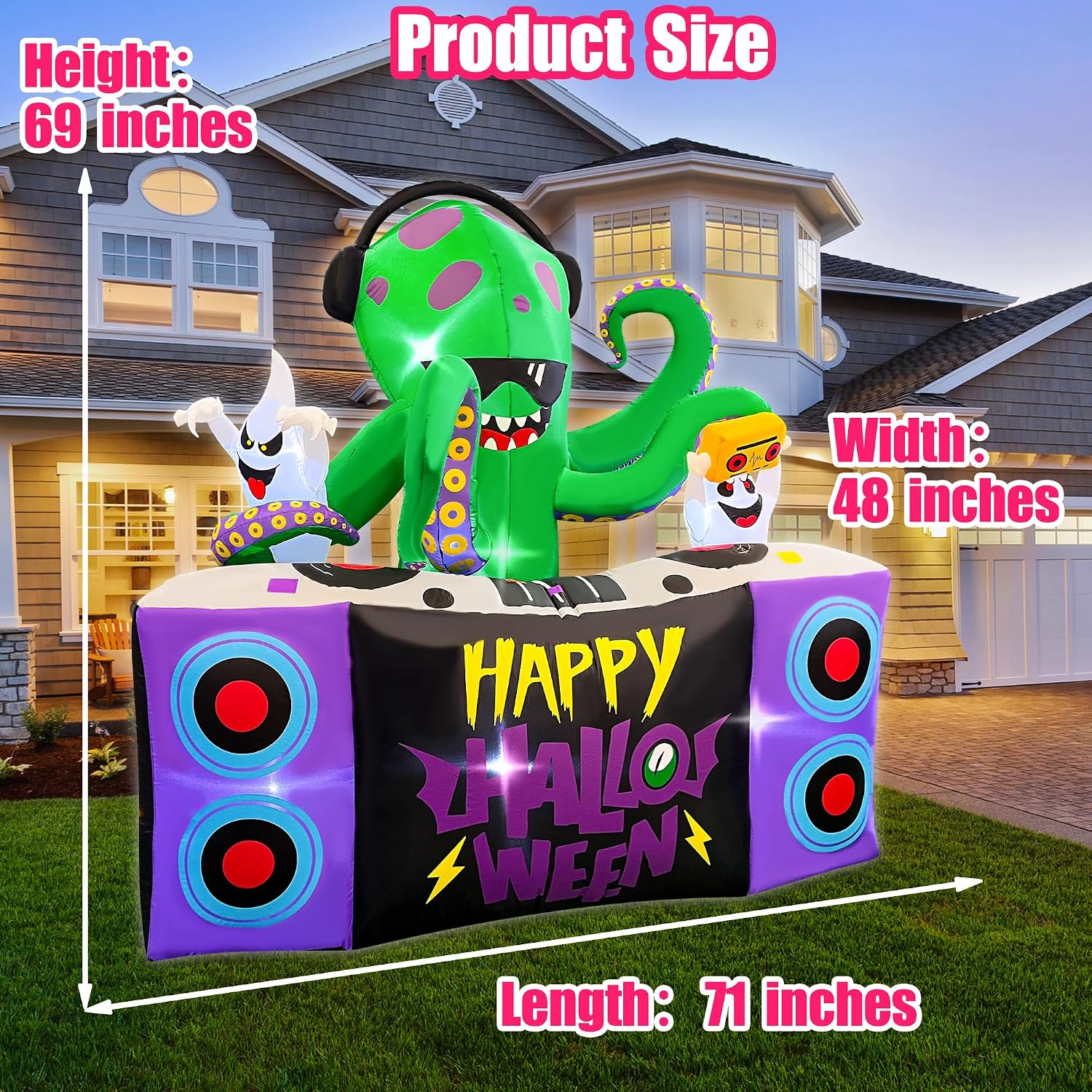 Halloween Inflatables,6FT DJ Octopus Playing Music on Turntables with Ghost Decoration Built-in LEDs Blow Up Yard