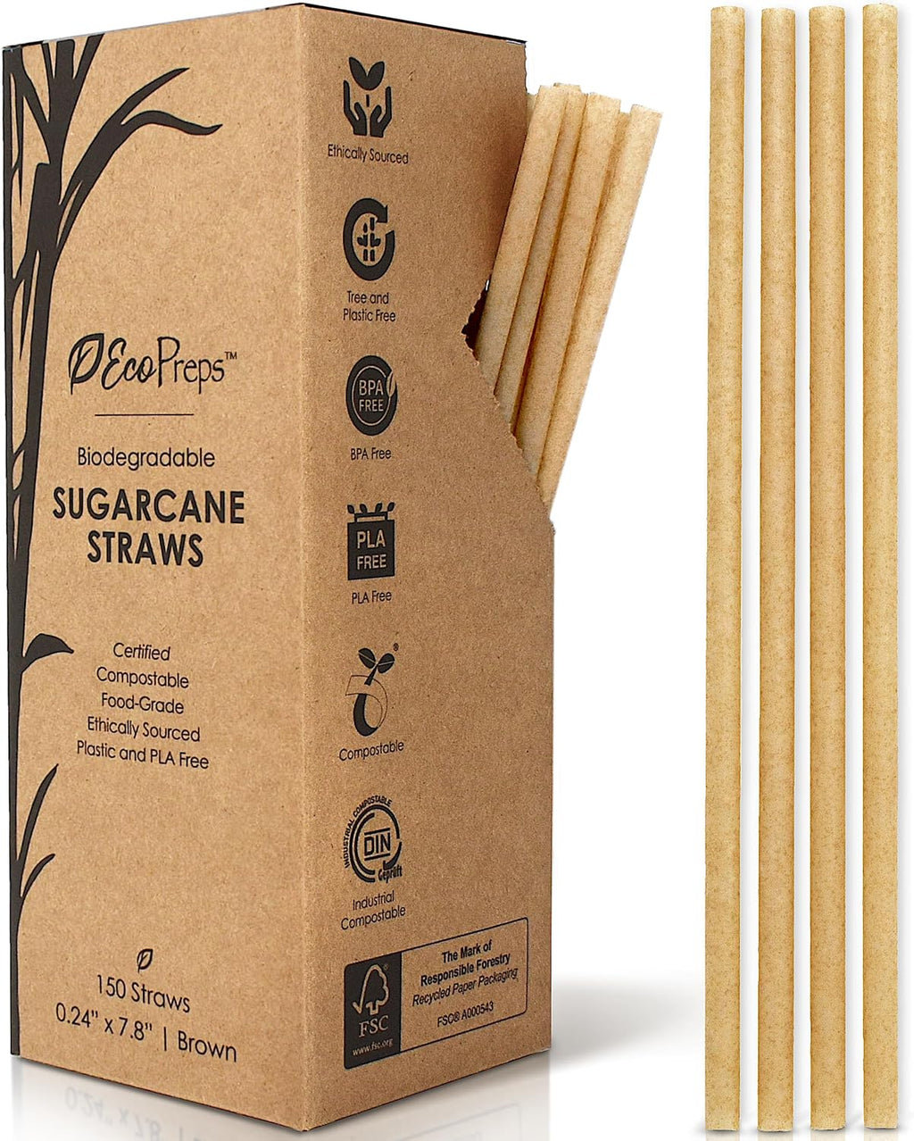Biodegradable Sugarcane Disposable Straws, Plastic-Free, 150 Count