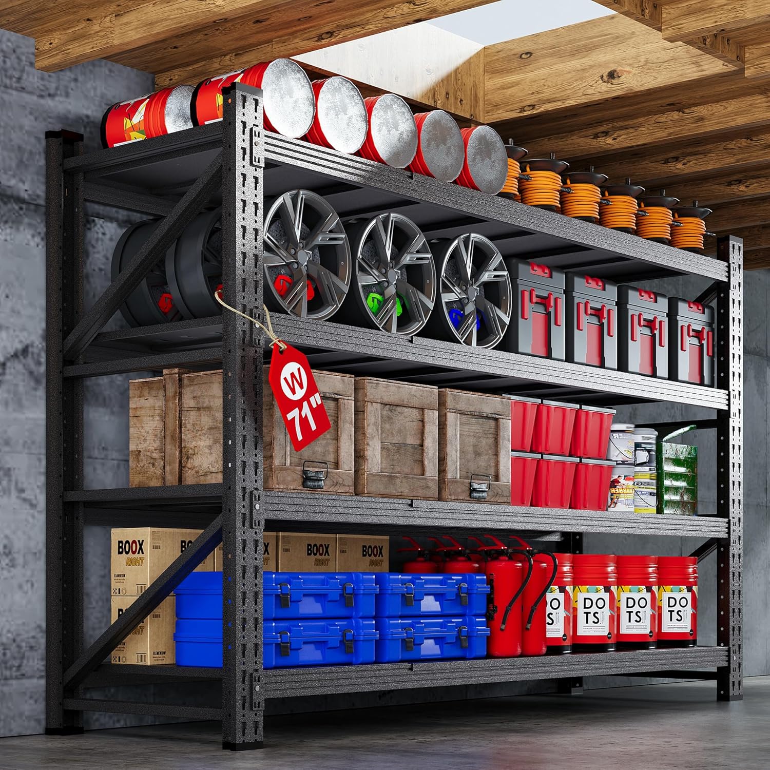 71”W Garage Shelving Units, 5000LBS Storage Shelves Heavy Duty, 24" Deep Metal Shelving Rack, 4 Tier Large Tall