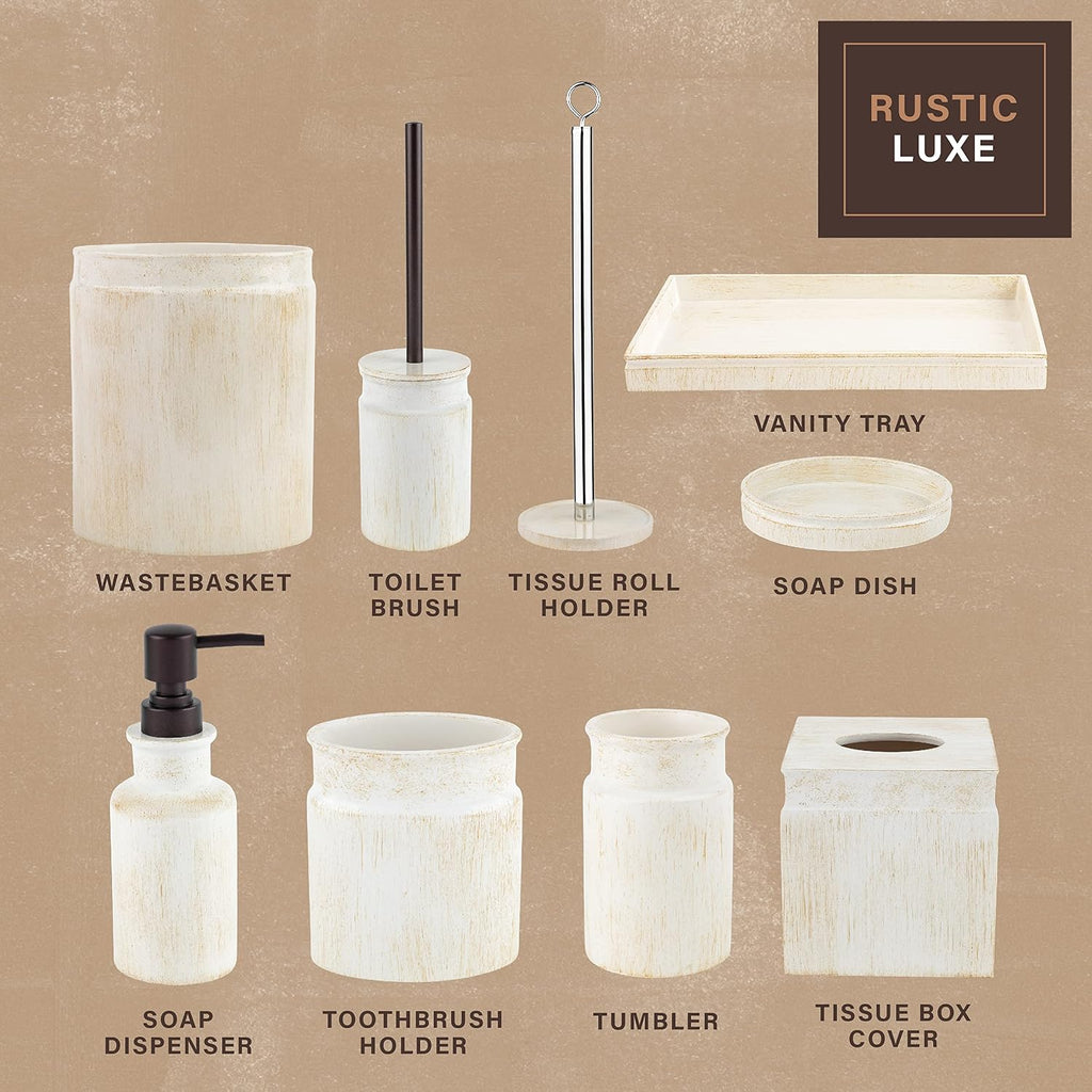 Rustic Luxe Beige 4 Piece Bathroom Accessories Set | Includes Soap Dispenser, Toothbrush Holder, Tumbler Cup & Soap Dish