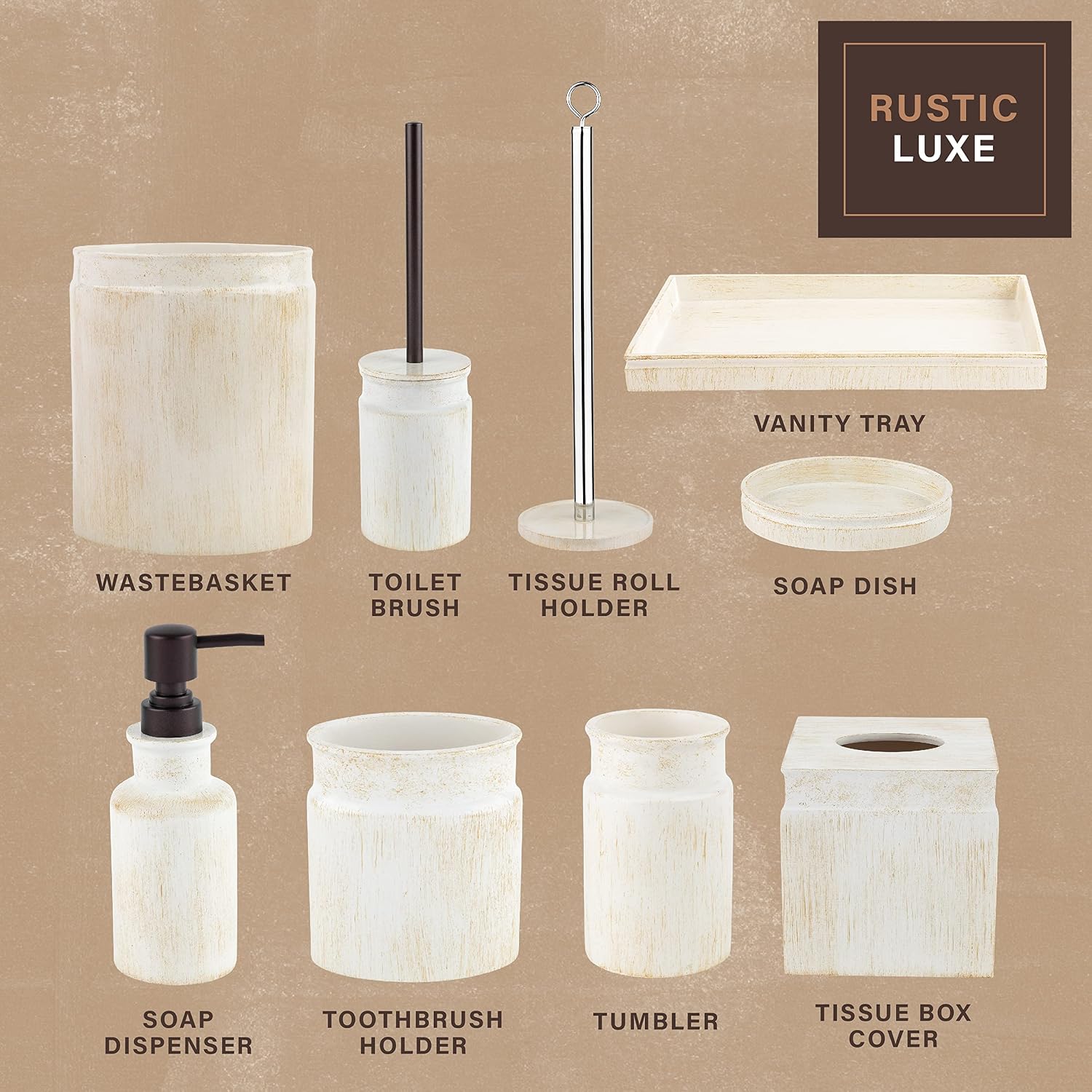 Rustic Luxe Beige 4 Piece Bathroom Accessories Set | Includes Soap Dispenser, Toothbrush Holder, Tumbler Cup & Soap Dish