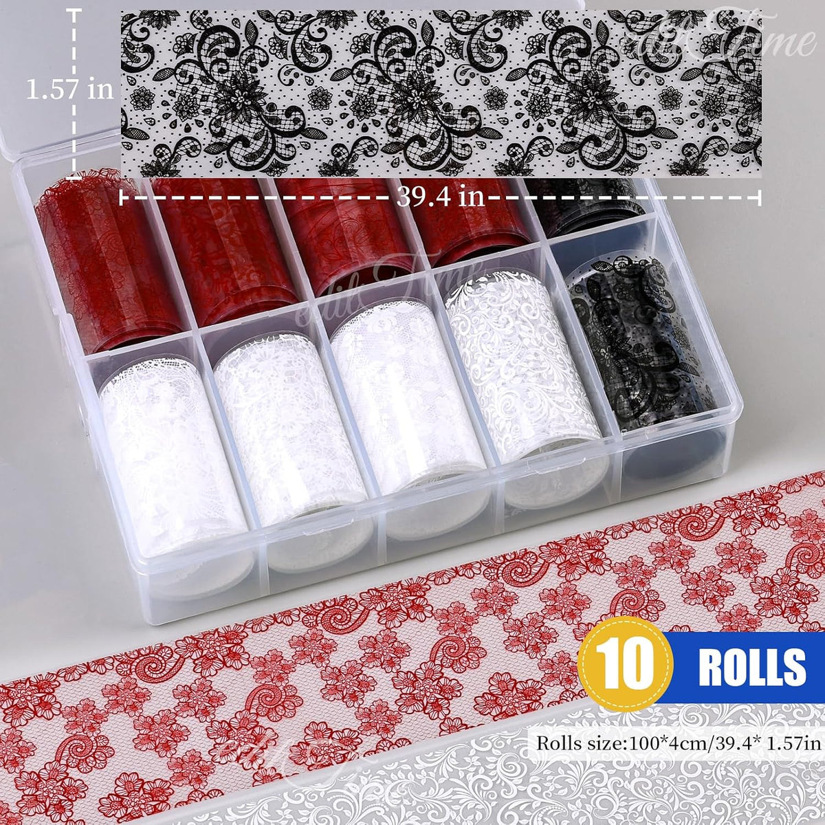 Lace Nail Foil Transfer Sheets, 10 Rolls Black White Red Flower Nail Art Transfer Foils Decals, Flower Nail Art Foils