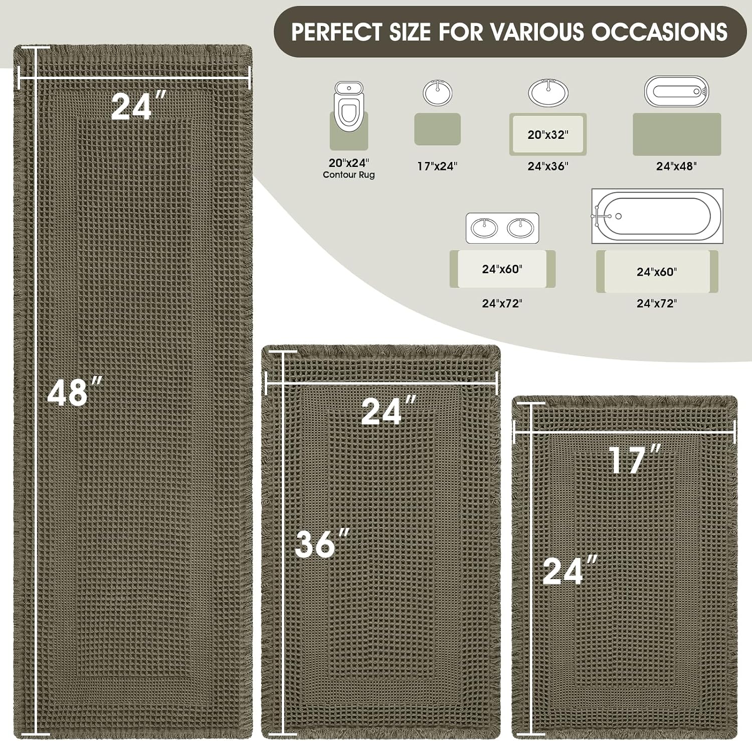 Upgraded Waffle Bath Mat Set 3 Piece Greyish Green-Looped, Super Absorbent Non-Slip Quick Dry Bathroom Rugs with
