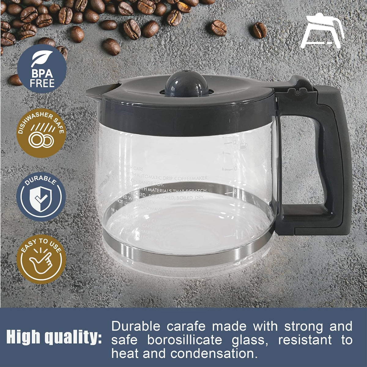 12-Cup Glass Replacement Carafe,Gray, Compatible with Kenmore Coffee Maker KKCM12S-AZ