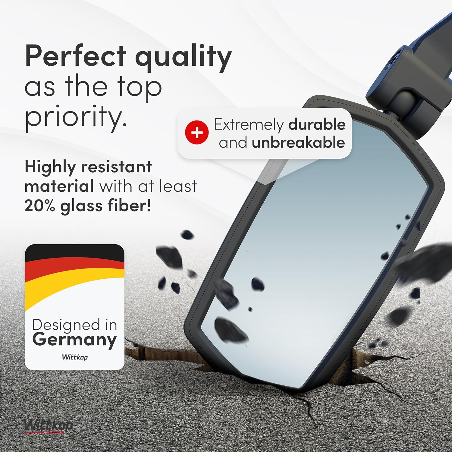 Bike mirror | Large HD field of vision | 360° rotatable & foldable | Mounting above & below | Break-proof & durable |