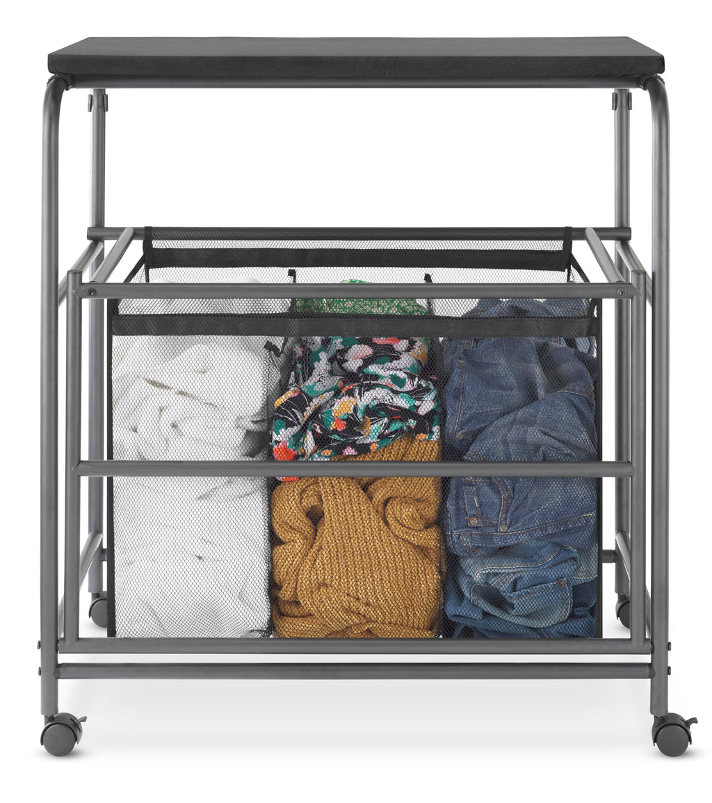 Triple Laundry Sorter with Ironing & Folding Table - Rolling Laundry Sorter with Ironing Table - Gunmetal
