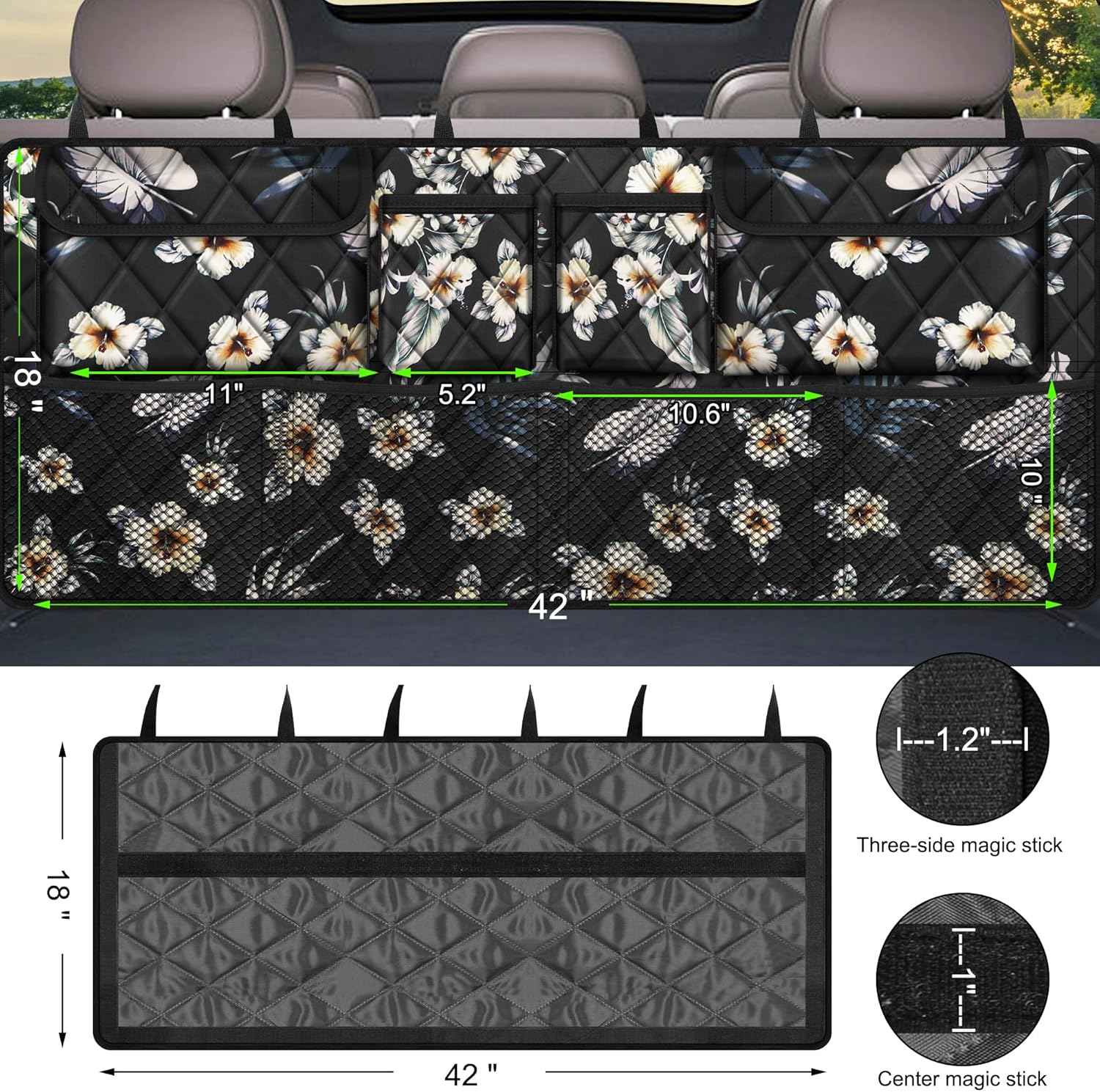 Car Trunk Organizer, Large Capacity Backseat Trunk Organizer (42"*18"), Collapsible Car Storage Bag with 8 Pockets