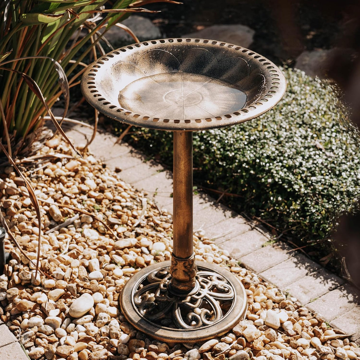 Backyard Expressions Outdoor Garden Bird Bath - Bronze - Weather Resistant Resin with Ground Stakes - 27 Inch