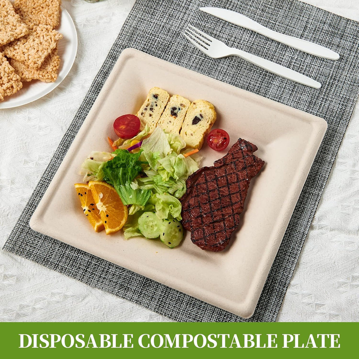 100 Piecs Compostable Square Paper Plates, 10 inch, Nature