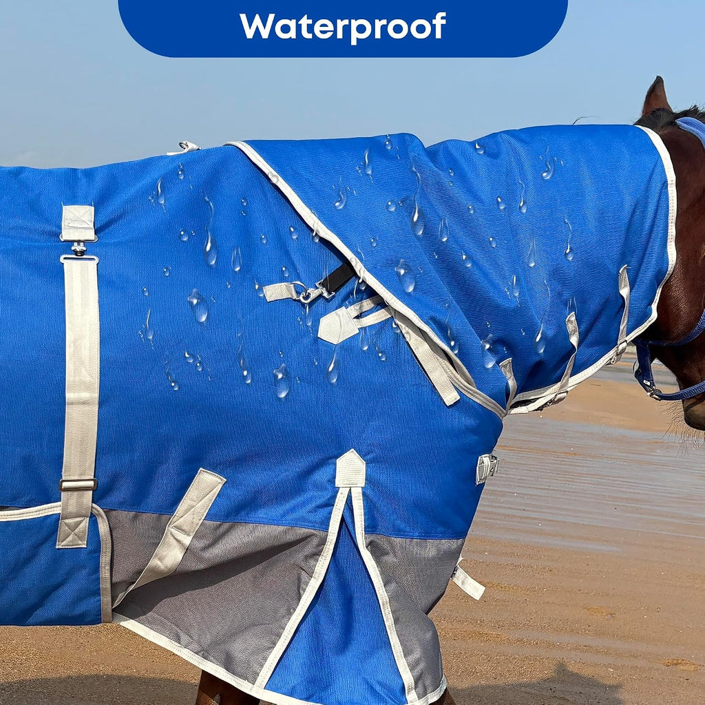 1200D Turnout Horse Blanket with Hood & Band, Medium Weight, Blue/Grey,78IN
